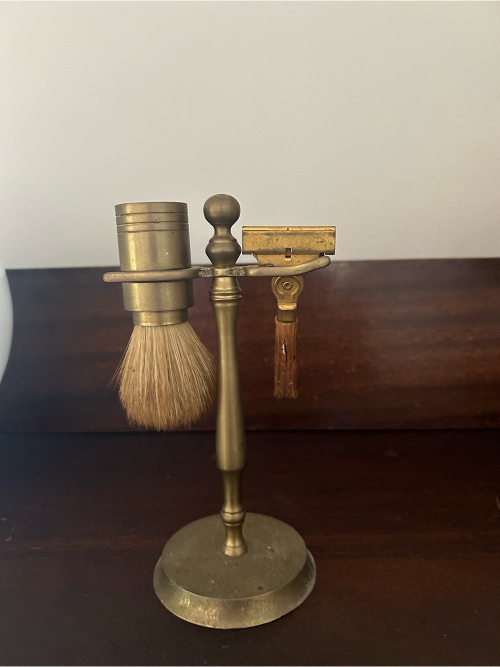 Vintage Brass Safety Razor and Shaving Brush Stand - Brass Finish